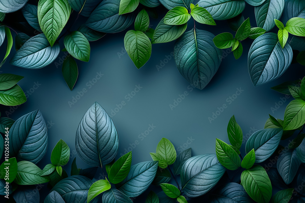 Poster A captivating arrangement of various green leaves fills the space with life, bringing a sense of calm and freshness against a contrasting dark backdrop, perfect for nature lovers