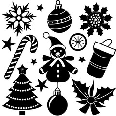 Christmas silhouette, Santa Claus on sleigh, gift boxes, iconic holiday symbol, black and white graphic, simple vector design, festive illustration, curvy ornate lines