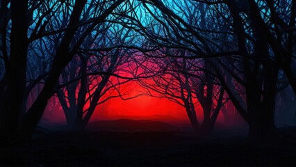 Naklejka premium A dark forest scene with silhouetted trees and a glowing red light in the background.