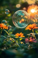 A soap bubble flies in the setting sun over a field of flowers