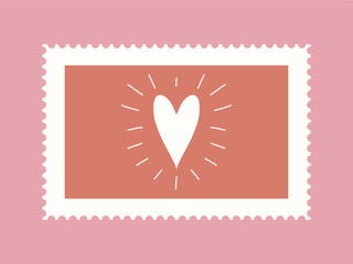 Red postage stamp with heart. Love, valentine. Letter, connection, communication. Vector illustration