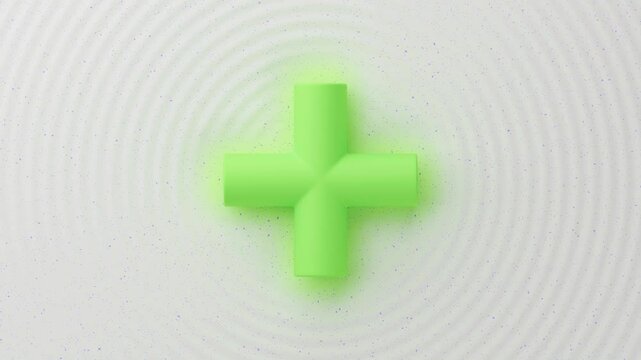 3D green plus sign on a white speckled surface with radial patterns