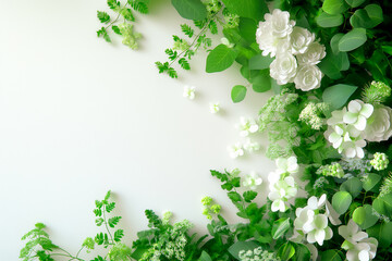 Fototapeta premium A vibrant arrangement of white flowers nestled among varied green leaves forms a peaceful and calming composition, perfect for enhancing any space or design concept