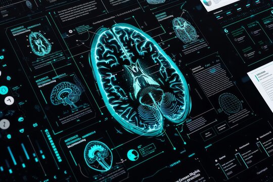 X-ray of the human brain and multiple images showing different types of film, medical graphs in green and blue overlaid on each other, medical themes, medical equipment icons