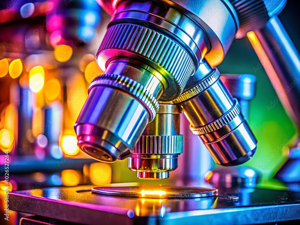 Aufkleber exploring the microscopic world: close-up view of a microscope lens with specimen for scientific res