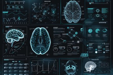 X-ray of the human brain and multiple images showing different types of film, medical graphs in green and blue overlaid on each other, medical themes, medical equipment icons