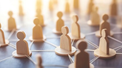 Wooden figures interconnected by string, symbolizing relationships and connections.