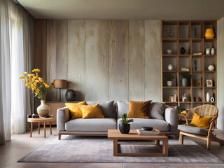 Grey sofa with yellow pillows against stucco wall with copy space. Scandinavian home interior design of modern living room.