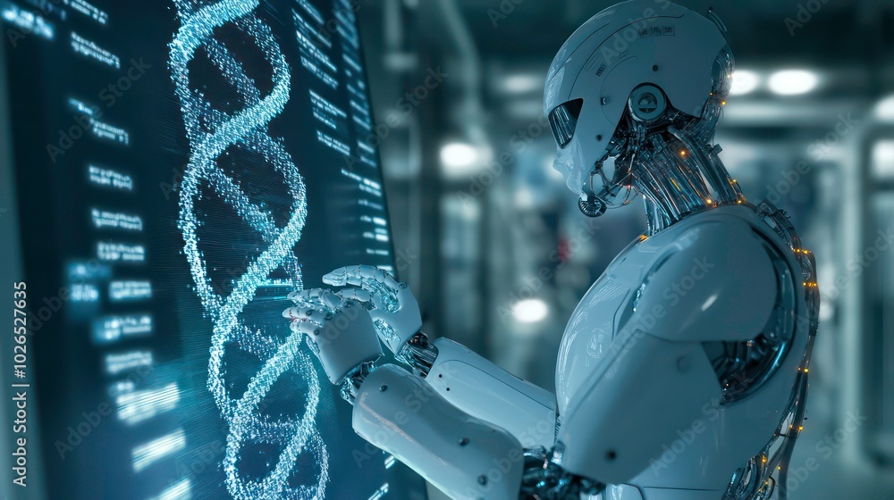Poster a humanoid robot examines a digital model of a dna strand on a large display screen.