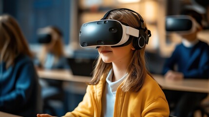 Children in a classroom wearing virtual reality headsets, engaging with immersive technology for education and learning activities.