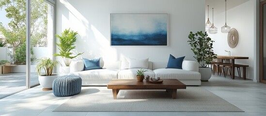 Stylish modern living room featuring a white couch and blue accents in a bright, minimalistic space