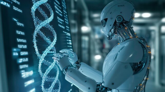 A humanoid robot examines a digital model of a DNA strand on a large display screen.