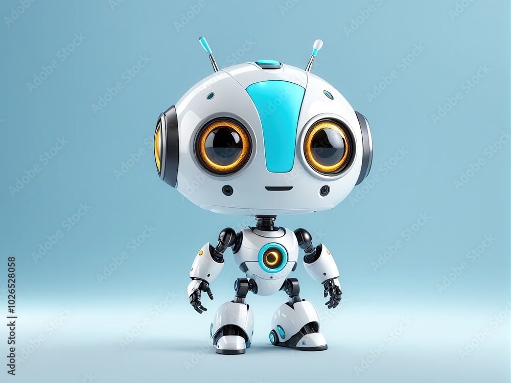 Poster a cute, futuristic robot character with large eyes and a friendly appearance.