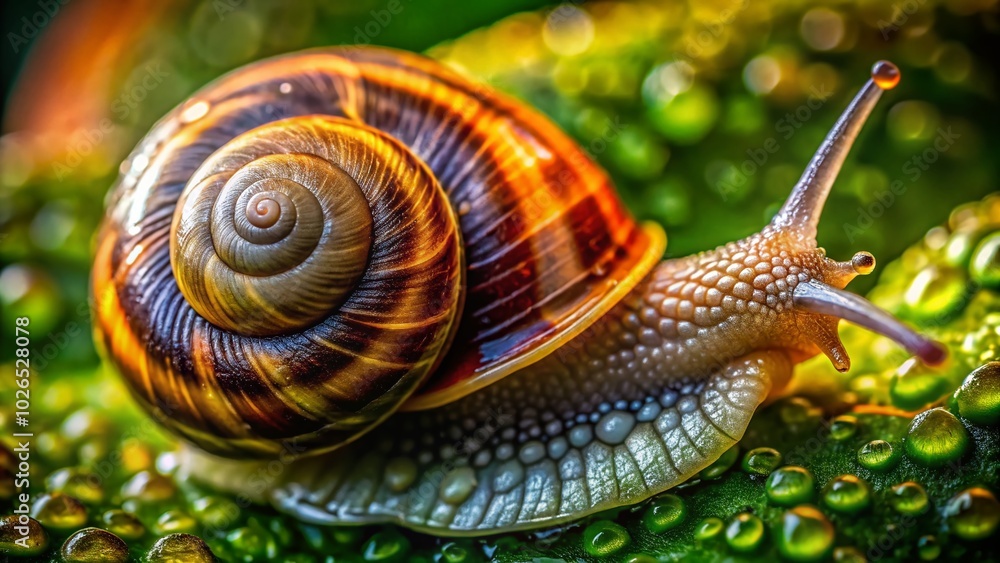 Poster fascinating close-up of a snail under microscope revealing intricate details of its shell and body s
