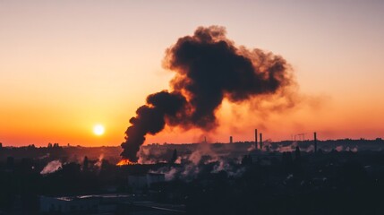 Obraz premium Industrial Smoke Against Sunset Sky Background