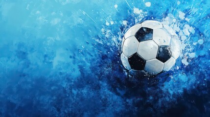 Fototapeta premium A classic black and white soccer ball bursts through a blue watercolor background, creating a dynamic and energetic image.