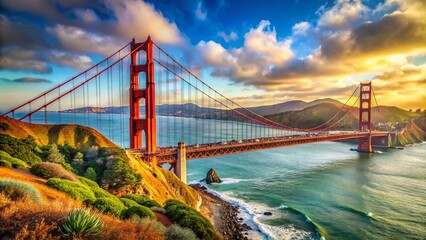 Fototapeta premium Foggy Golden Gate Bridge in San Francisco: A Mystical Landscape of Iconic Architecture and Natural Beauty