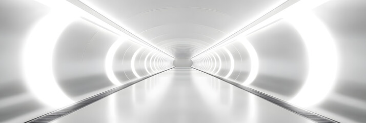 Fototapeta premium White background 3D room light abstract space technology tunnel stage floor. Empty white future 3D neon background studio futuristic corridor render modern interior silver road black wall design gray