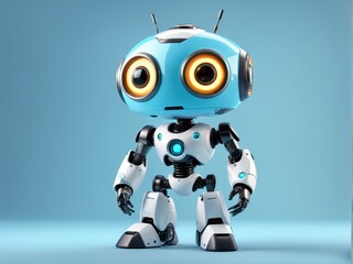A cute, friendly robot character with large eyes and a playful design.