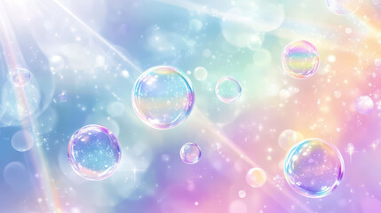 Floating Transparent Bubbles with Rainbow Refractions: Dreamy Digital Background for Children's Products and Playful Brand Identities. High Resolution, Sharp Focus.