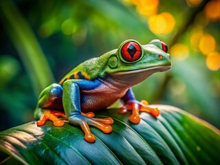 Frog Traveler Exploring Nature: A Charming Adventure in the Wild with a Colorful Frog on a Leaf Amidst