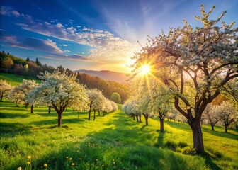 Obraz premium A tranquil orchard flourishes with apple and pear trees in full bloom, their fragrant blossoms painting a serene landscape that invites peaceful