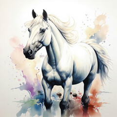 Obraz premium a beautiful graceful horse. the symbol of the year 2026. watercolor illustration. artificial intelligence generator, AI, neural network image. background for the design.