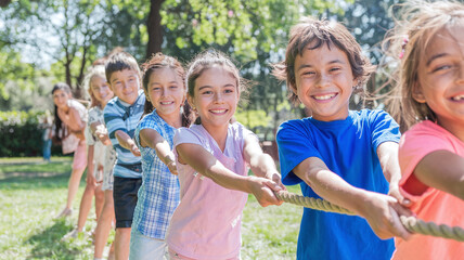 Fototapeta premium Group of a happy joyful smiling children playing together in tug-of-war with a rope in the park on sunny summer holiday 