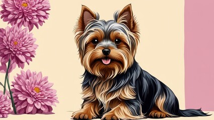Naklejka premium A cute Yorkshire Terrier sitting beside pink flowers, showcasing a playful and charming demeanor.