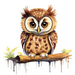 Fototapeta premium cute brown owl, forest bird, feather. watercolor illustration. artificial intelligence generator, AI, neural network image. background for the design.