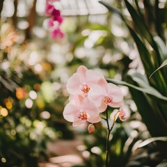 Delicate pink orchid in a sunlit garden, surrounded by lush greenery and vibrant blooms, capturing a tranquil and natural ambiance.