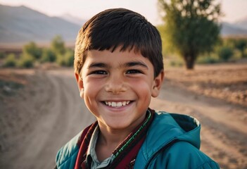 A smiling Tajik boy 5 years old beams with happiness, enjoying the beauty of a sunny day outdoors. His cheerful expression reflects moment of pure joy and innocence. Happy smiling child. AI generated
