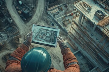 Engineer using tablet for project planning on construction site, overseeing building progress with digital technology.