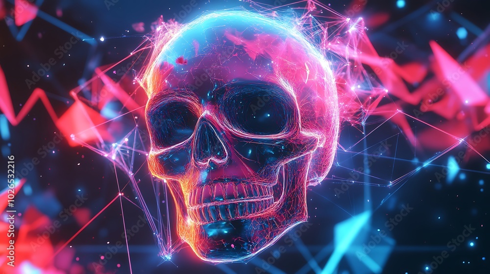 Poster A glowing, neon skull is surrounded by a network of connected lines and shapes.