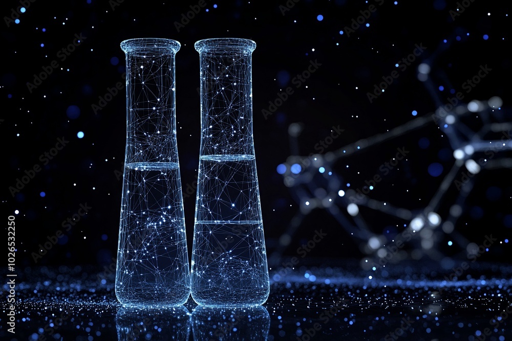 Poster test tubes in a low-poly wireframe design against a dark background with stars, modern science and c