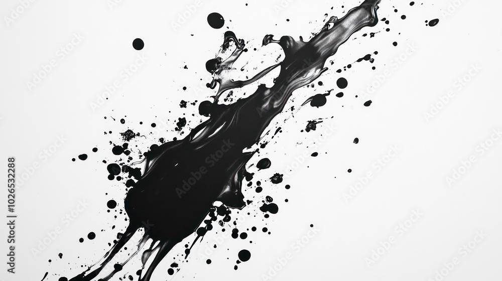 Poster black ink splattered and splashed across a white background, creating a dynamic and abstract design.