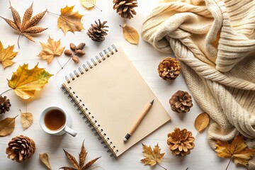 Obraz premium Autumn-inspired flat lay featuring a cozy notebook, delicate pine cone, and rustic dried branches, creating a warm seasonal aesthetic perfect for