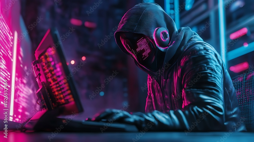 Poster a hooded figure sits at a computer in a dimly lit room, typing and wearing headphones.