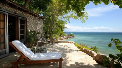 Fototapeta premium Two lounge chairs sitting beach next tree trapped hedonic treadmill dressed white robes jamaican vibe during table imagining blissful fate gorgeous view cottage shaded perfect 