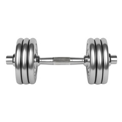 Silver dumbbell with adjustable weights on white isolated background.