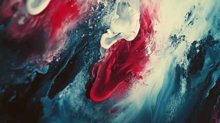 A detailed closeup of a vibrant red, white, and blue paint swirl showcasing a mesmerizing pattern resembling a geological phenomenon with hints of magenta and electric blue mixed in the liquid paint