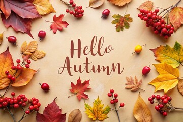 Fototapeta premium Autumn Leaves and Berries with Hello Autumn Text on Beige Background - Seasonal Decor