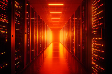 Fototapeta premium AI-powered server room with endless rows of glowing data centers, digital cables, and circuits, the ambiance of a highly secure tech facility