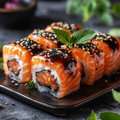 Sushi rolls with fresh salmon and sesame seeds garnished with mint leaves on a dark ceramic plate