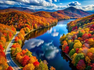 Autumn Maple Trees by Price Lake on Blue Ridge Parkway, North Carolina - Aerial View of Fall Colors