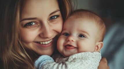 Mother smiling and holding her happy baby in a cozy and intimate indoor setting with soft lighting