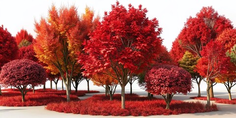 Autumn Red Shrubs and Trees - 3D Vector Illustration with High Depth of Field