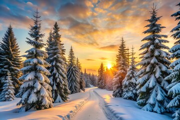 A serene winter landscape unfolds under the soft glow of a setting sun. Tall evergreen trees frame a peaceful snow-covered path. Perfect for nature lovers and travel enthusiasts.