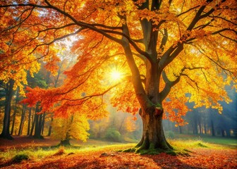Autumn Tree in Forest with Vibrant Foliage and Copy Space for Nature-Themed Projects