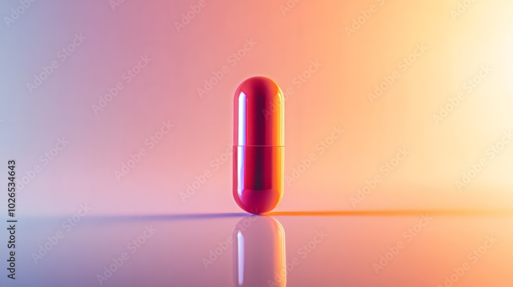 Poster red capsule in gradient light: a single red capsule sits on a reflective surface bathed in a vibrant
